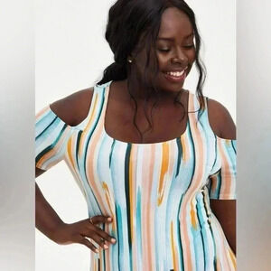 Torrid | Blue & Orange Maxi Super Soft Cold Shoulder Maxi Dress Plus Size 1XL